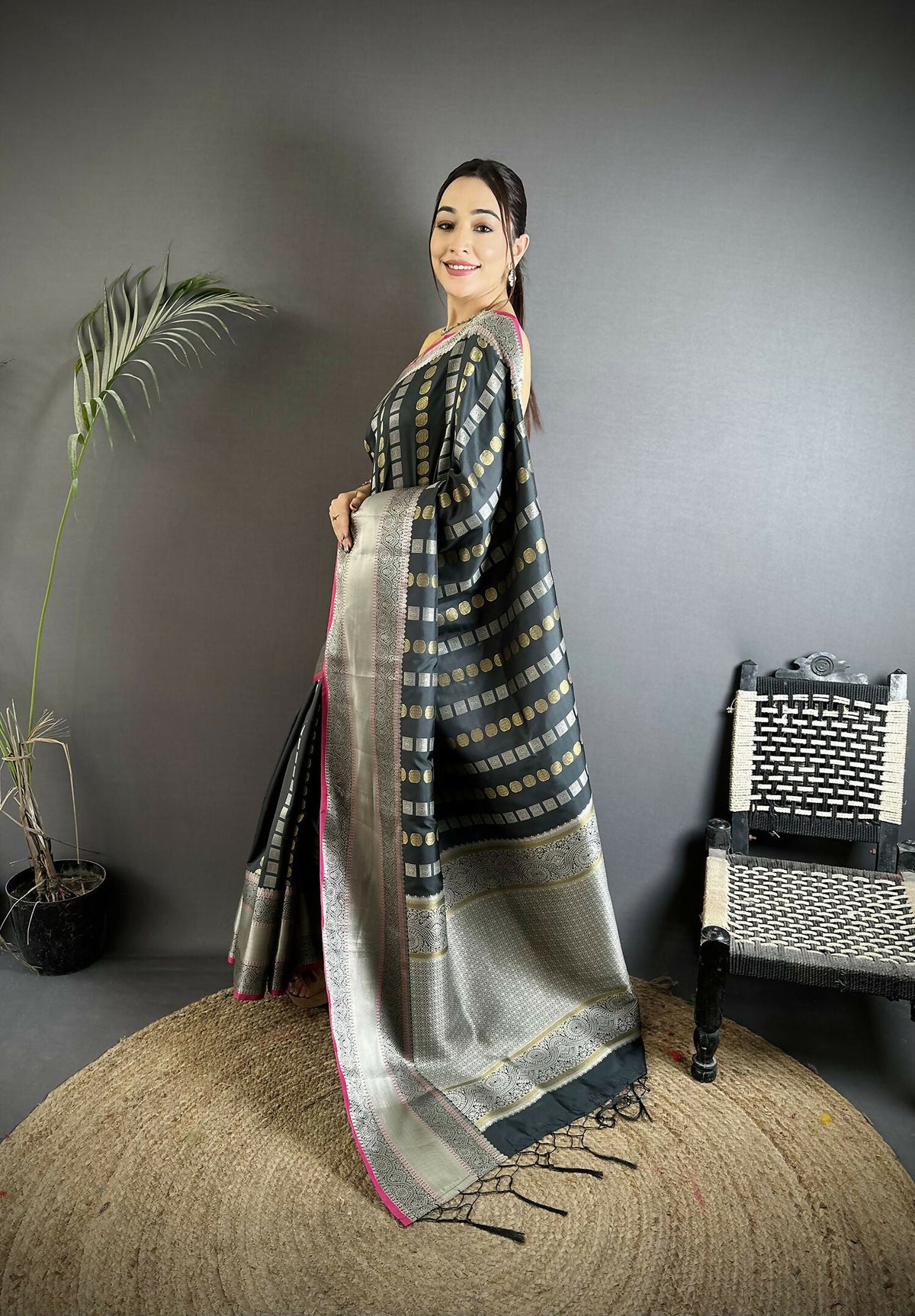 Black Checked Soft Silk Kanjivaram Saree with Kathan Blouse