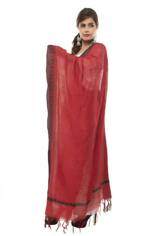 Cotton Black Temple Border Dupatta with Maroon Accents