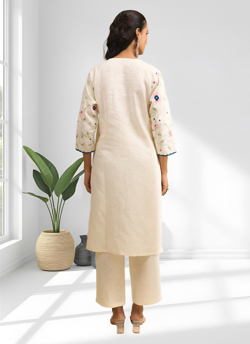 Cream Linen Embroidered Long Kurta Set with Matching Pant