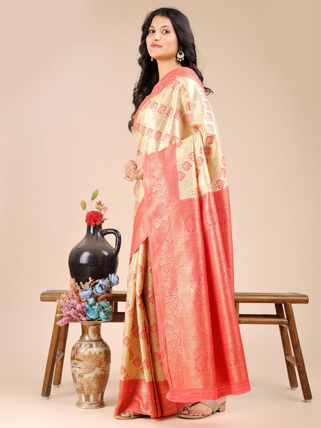 Cream and Red Banarasi Silk Saree with Blouse Piece