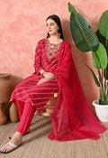 Woman wearing a Rani premium pure viscose dola silk kurta set with handwork and organza dupatta