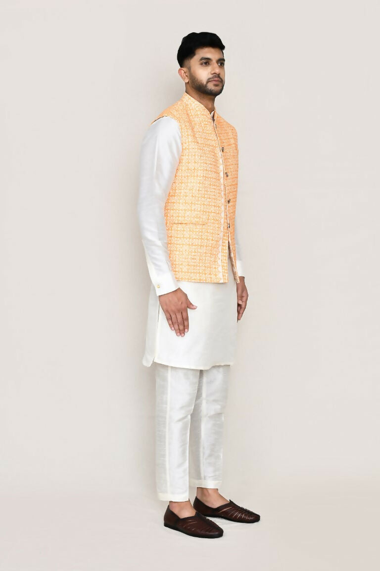 White Art Silk Kurta Set with Designer Jacket and Straight Pants