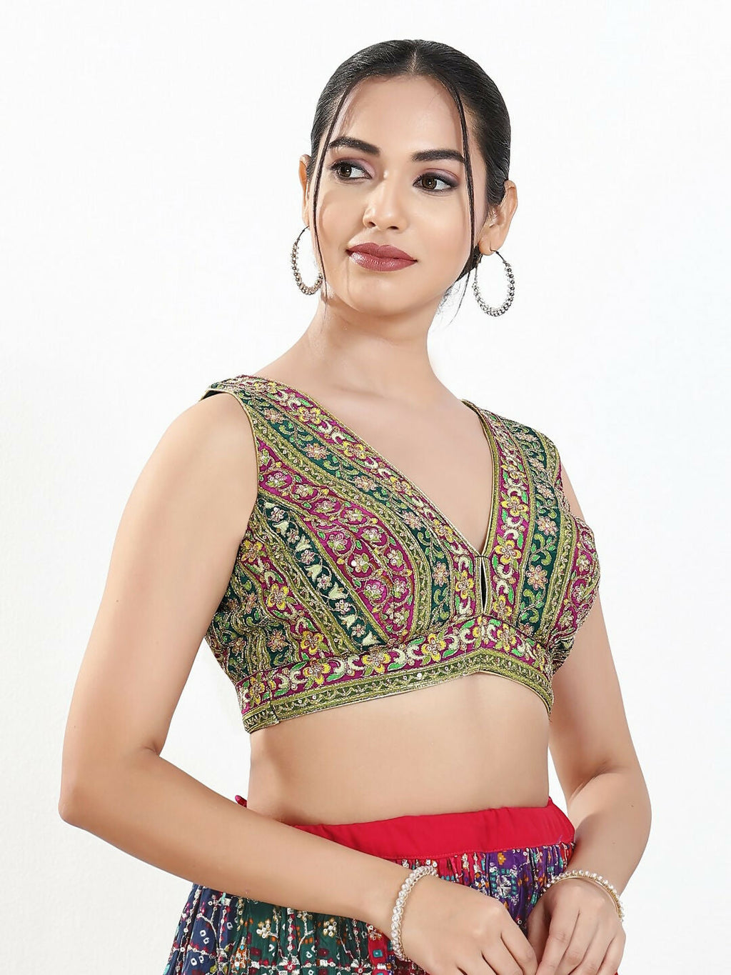 Joban Fashion Green Multi Georgette Padded Blouse With V Neck Sleeveless