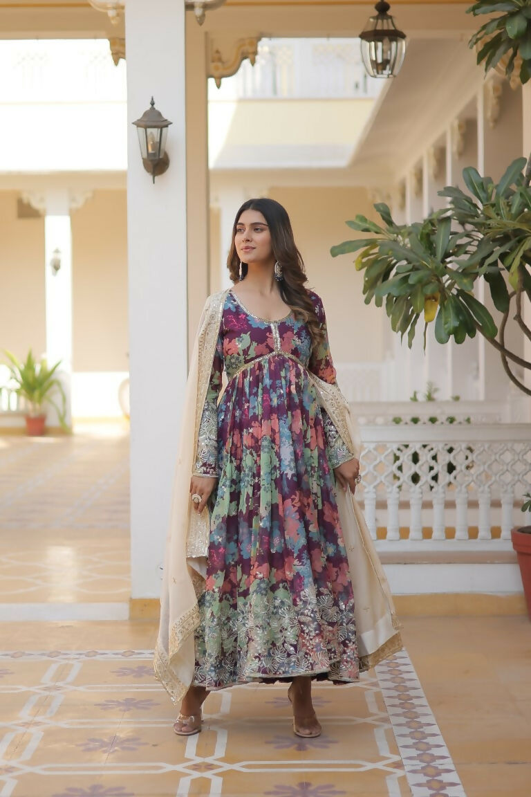 Wine Russian Silk Anarkali Dress with Sequins and Zari Embroidery