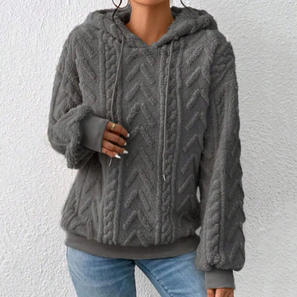 Women's Plush Textured Pullover Hoodie with Drawstring - Image 10