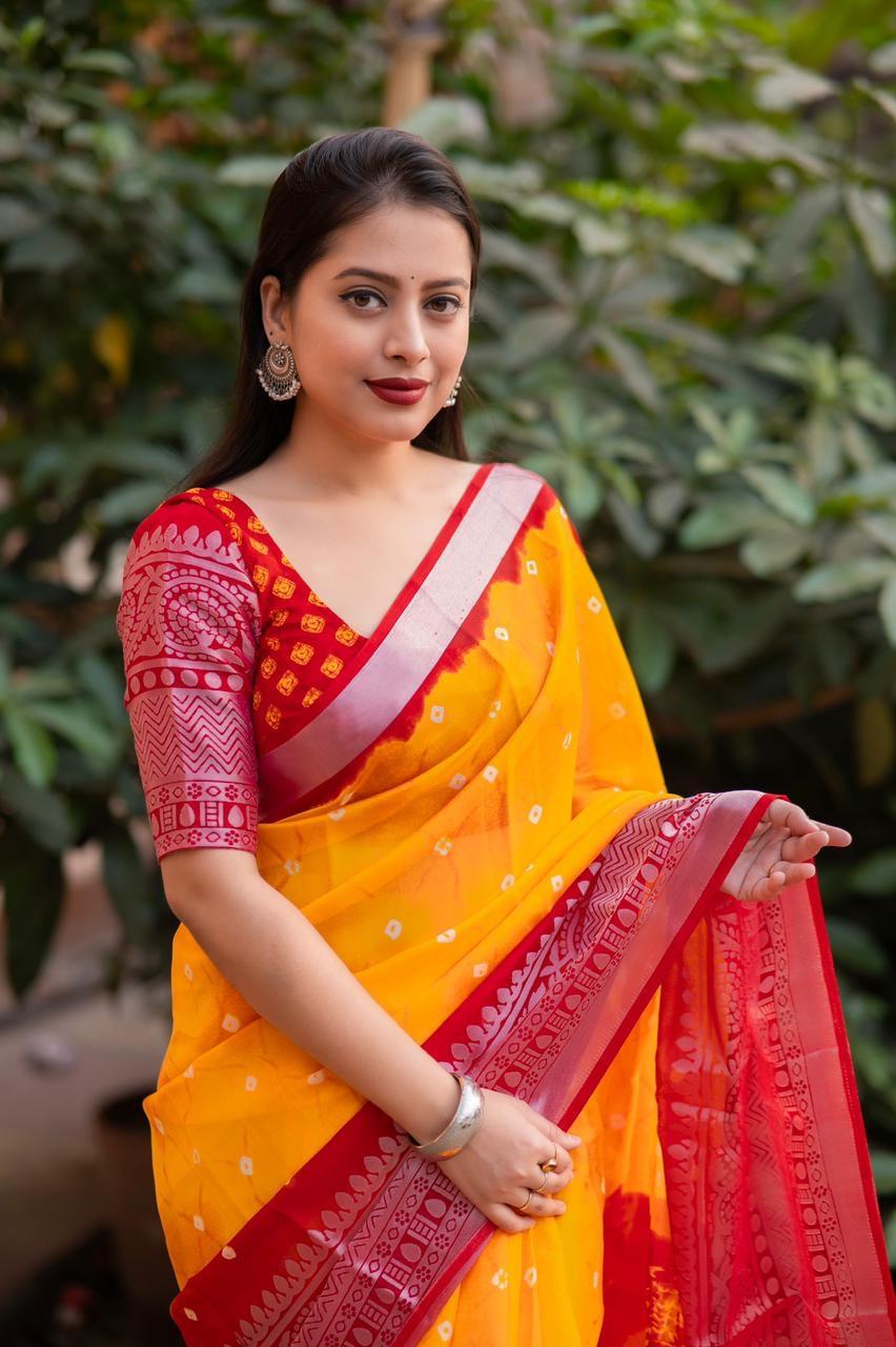 Orange Jute Silk Saree with Bandhani Print and Cutwork Border