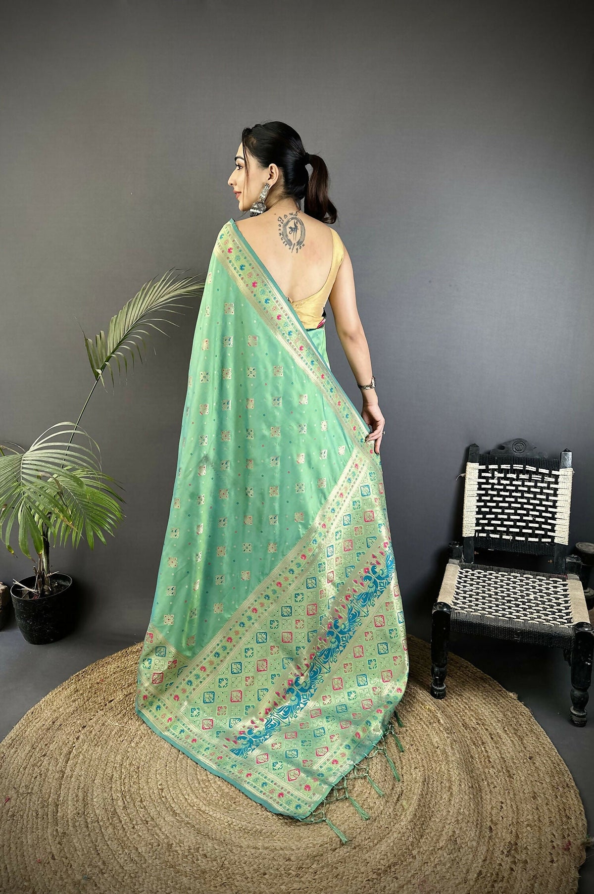 Sea Green Soft Silk Patola Saree with Geometric Print