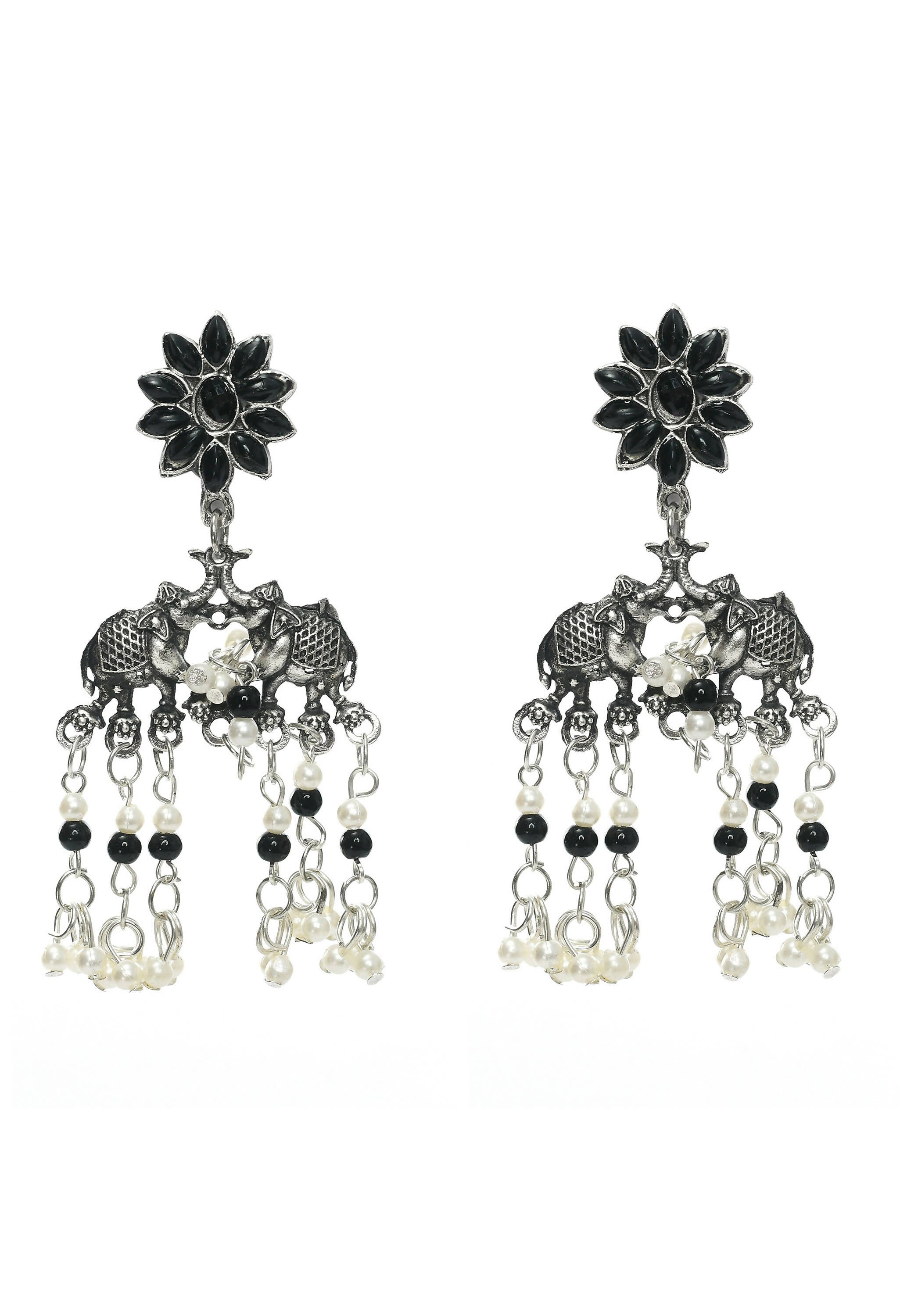 Elephant Design Oxidised Silver-Plated Long Choker (Black)