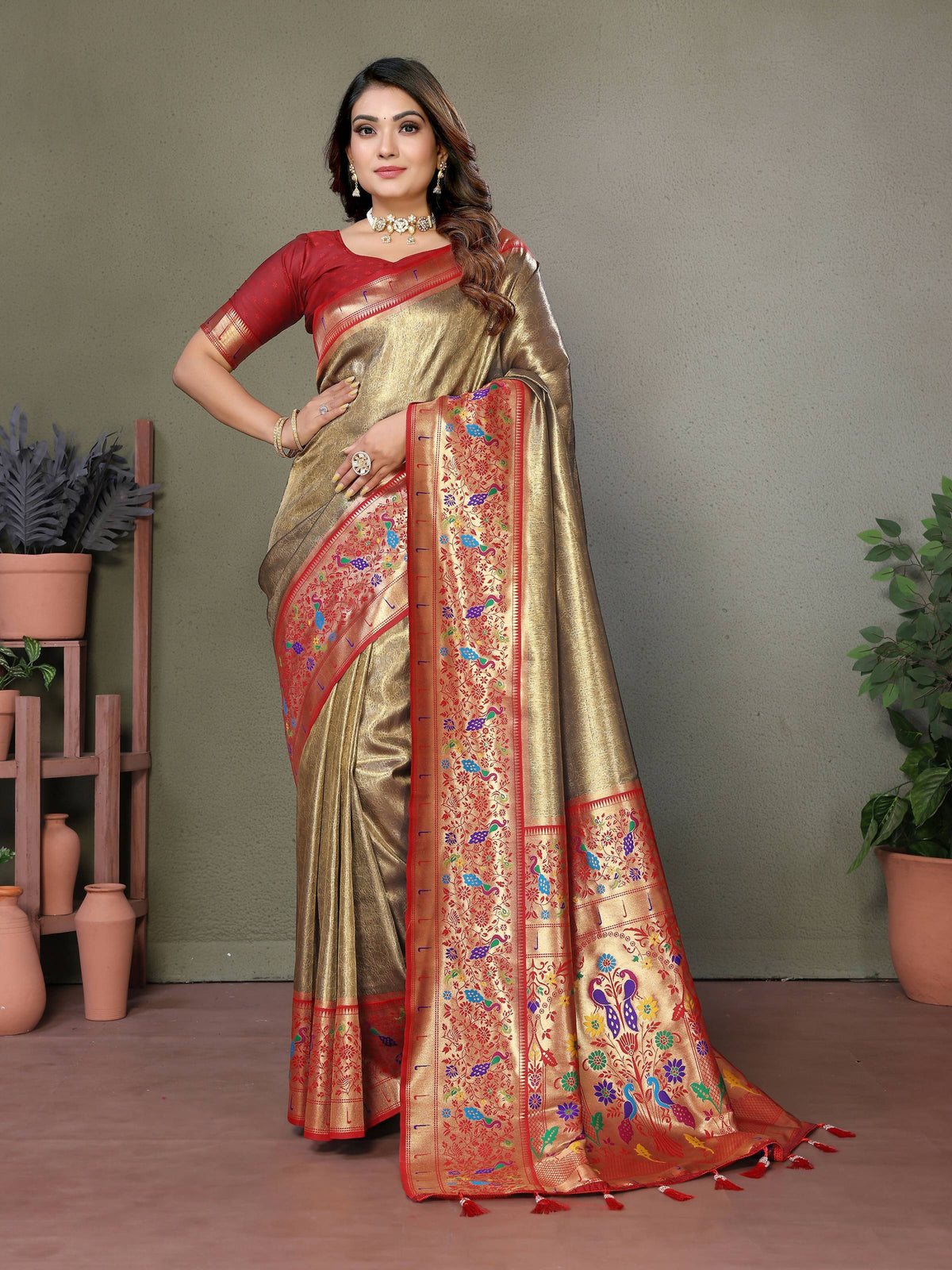 Gold Tissue Silk Paithani Woven Saree with contrasting maroon blouse piece