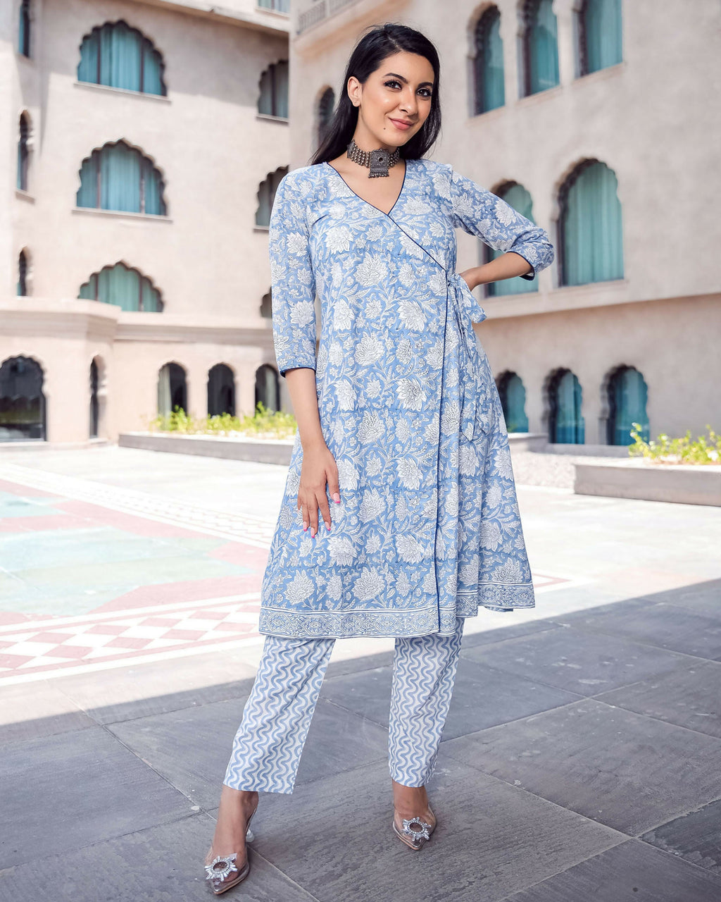 Sky blue pure muslin A-line kurta with digital print and matching trousers
