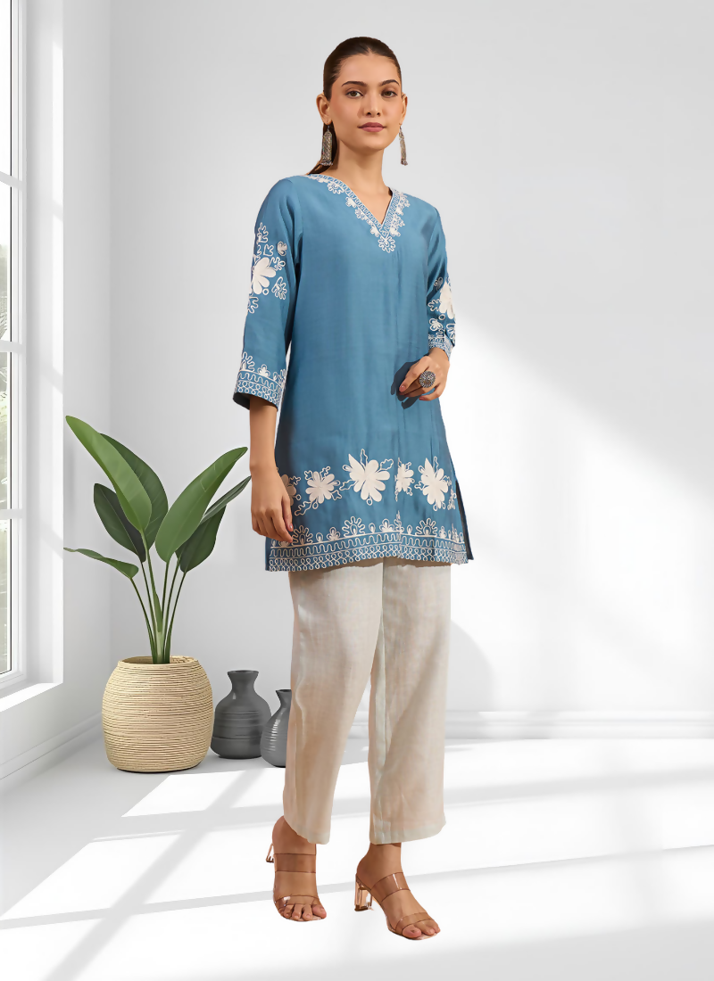 Teal Silk Embroidered Tunic with V-Neck Design