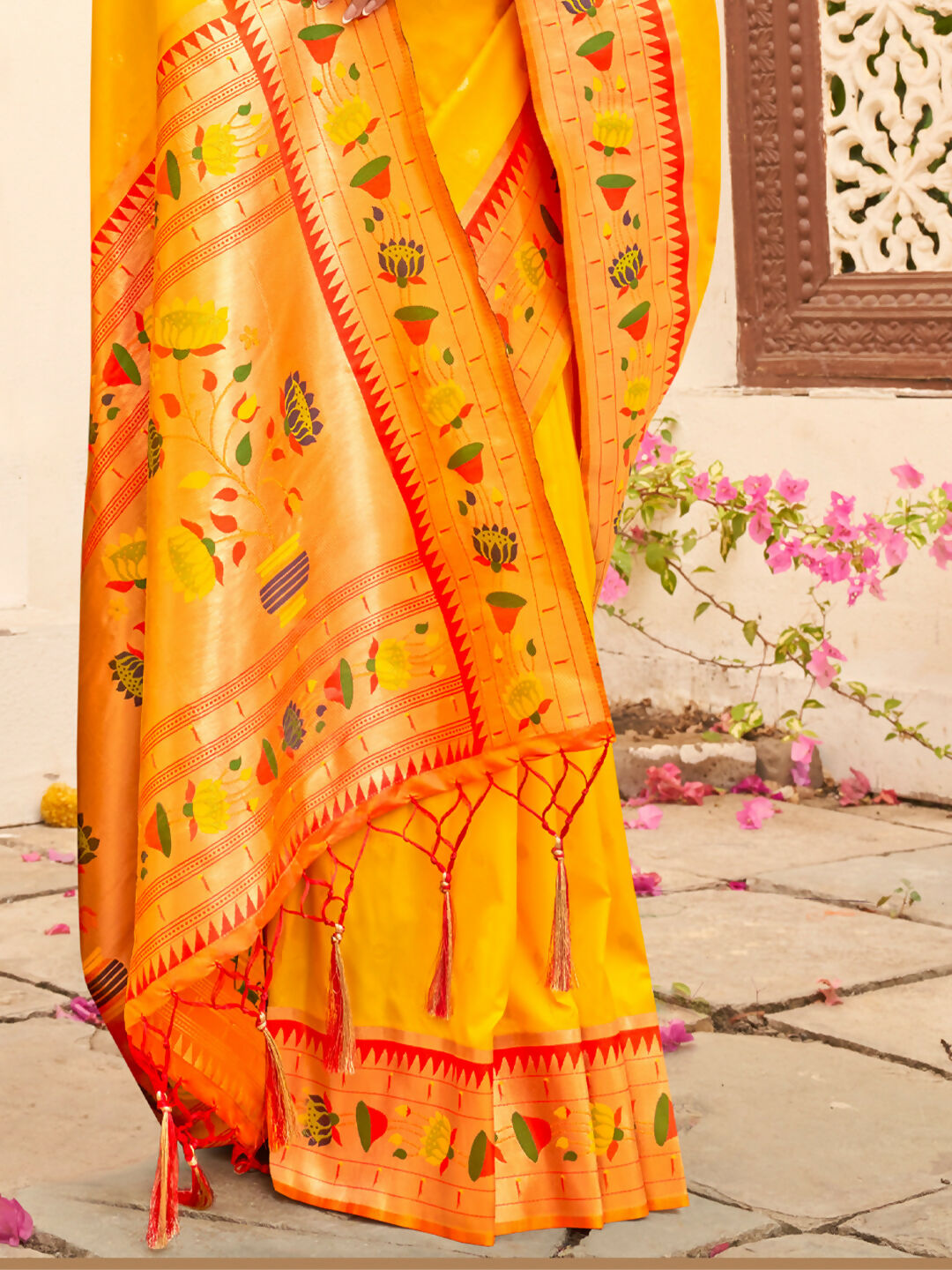 Yellow Silk Blend Saree with Contrast Orange Blouse