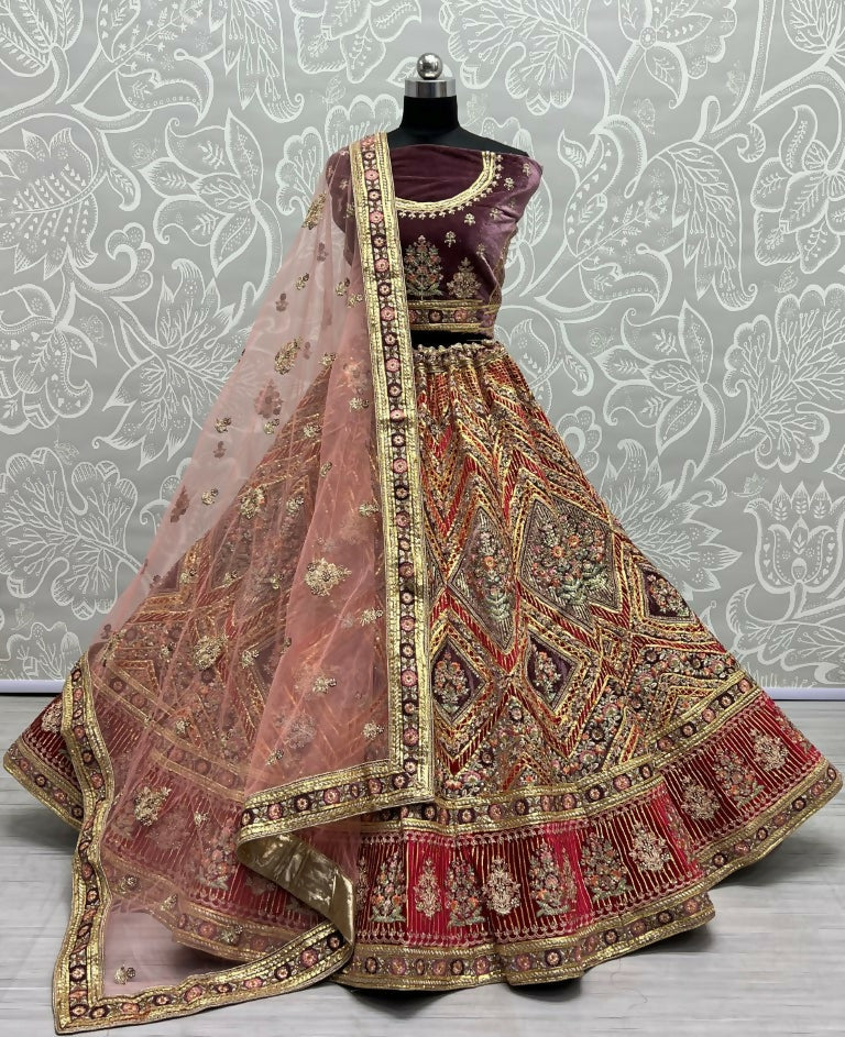 Purple velvet lehenga choli with golden gotta and diamond embroidery
