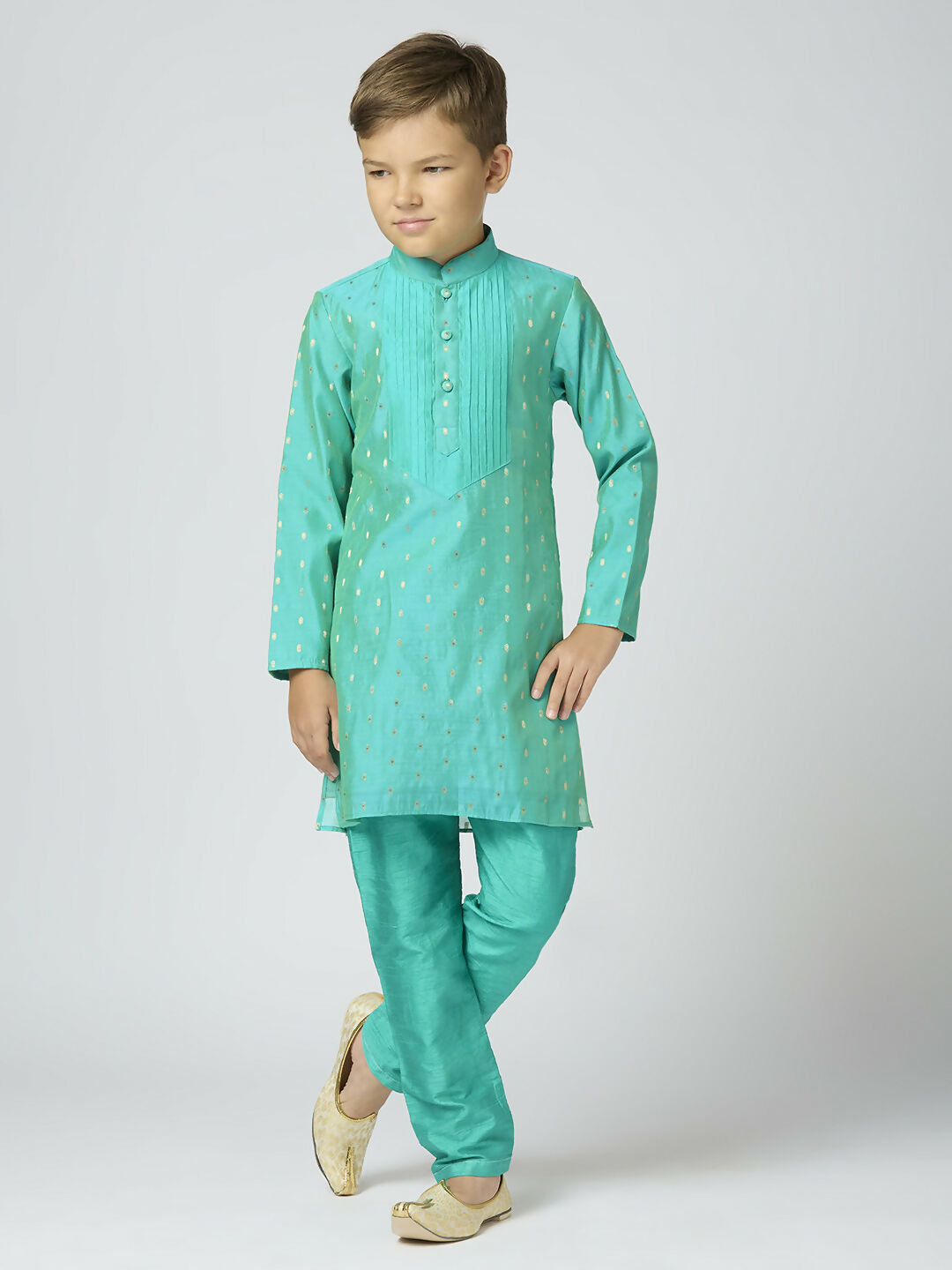 Boys Sea Green Chanderi Kurta and Pyjama Set with Butta Work