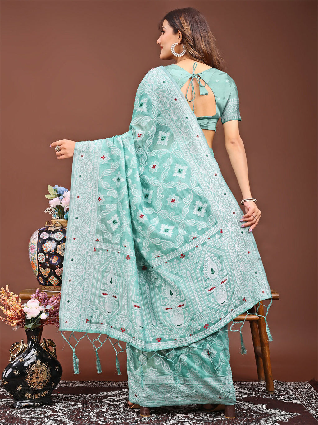 Pankhuri Sea Green Linen Cotton Saree