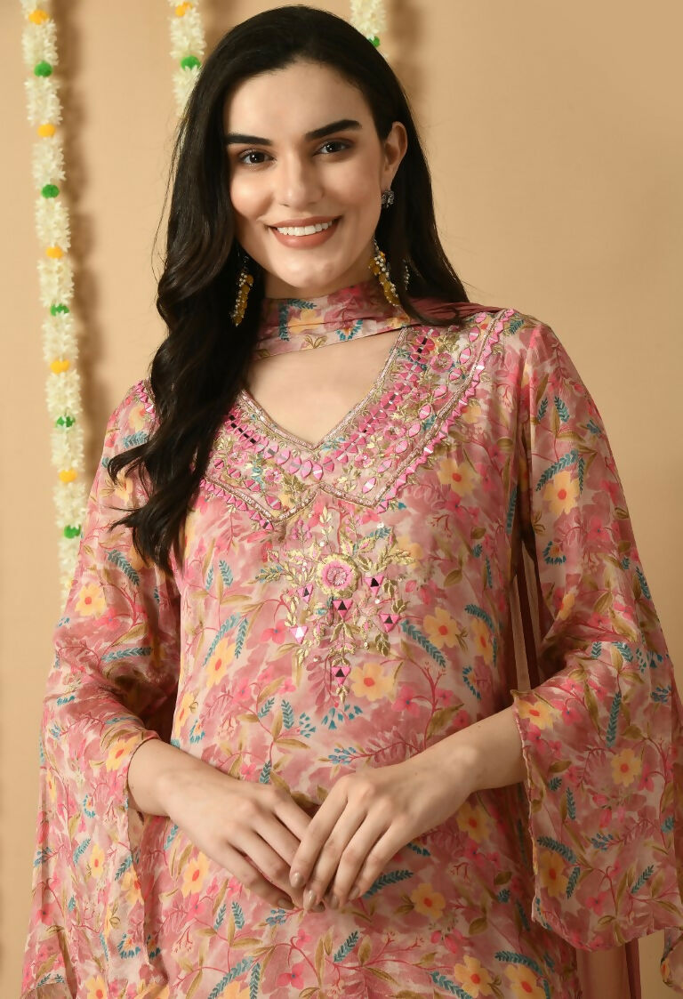 Rose Gold Chinnon Kurta Set with Organza Dupatta