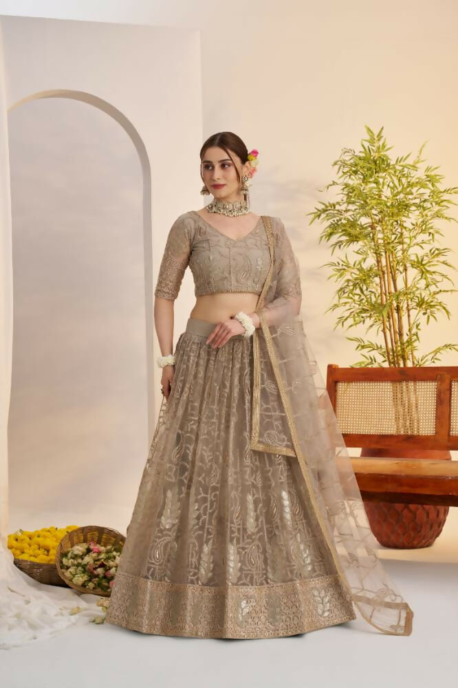 Metallic Gray Butterfly Net Lehenga with Sequence Embroidery