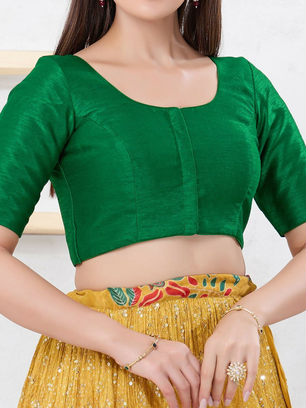 Green Dupion Silk Elbow Sleeve Round Neck Front Open Blouse
