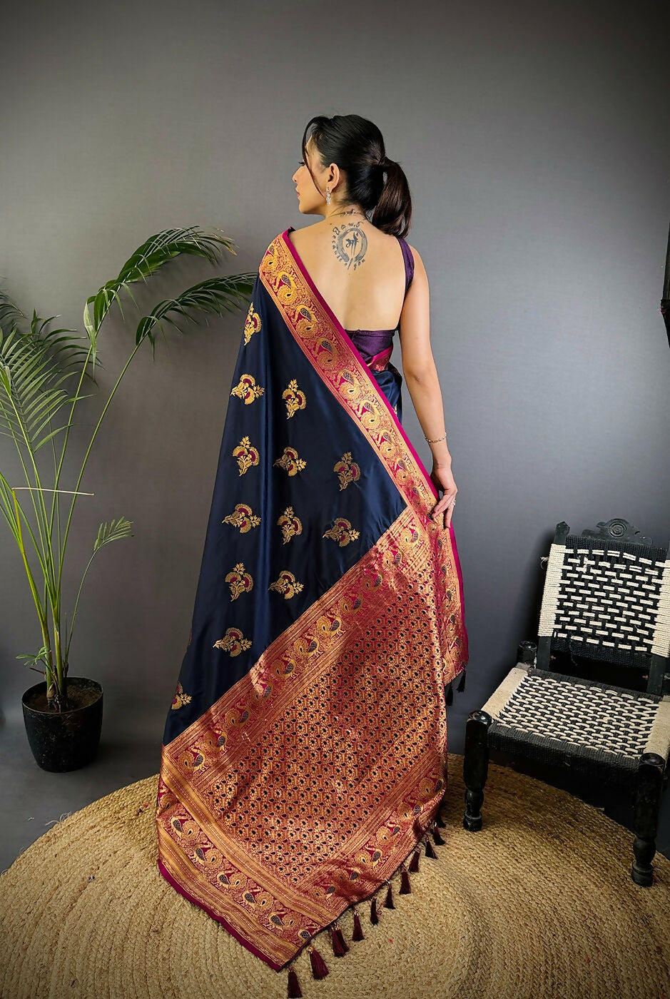 Navy Blue Woven Banarasi Soft Silk Saree with Blouse