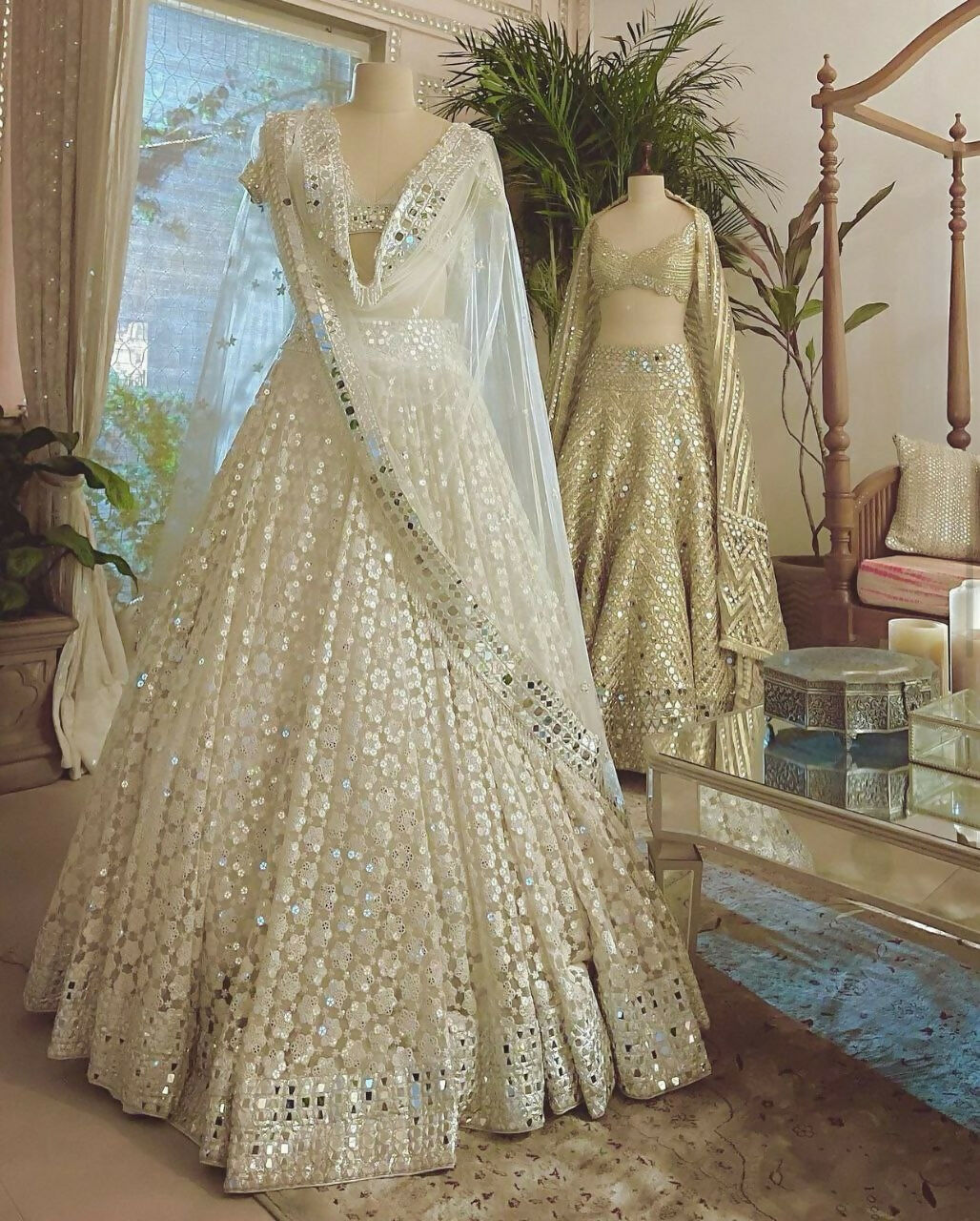 Cream Georgette Lehenga Choli with Paper Mirror Thread Embroidery