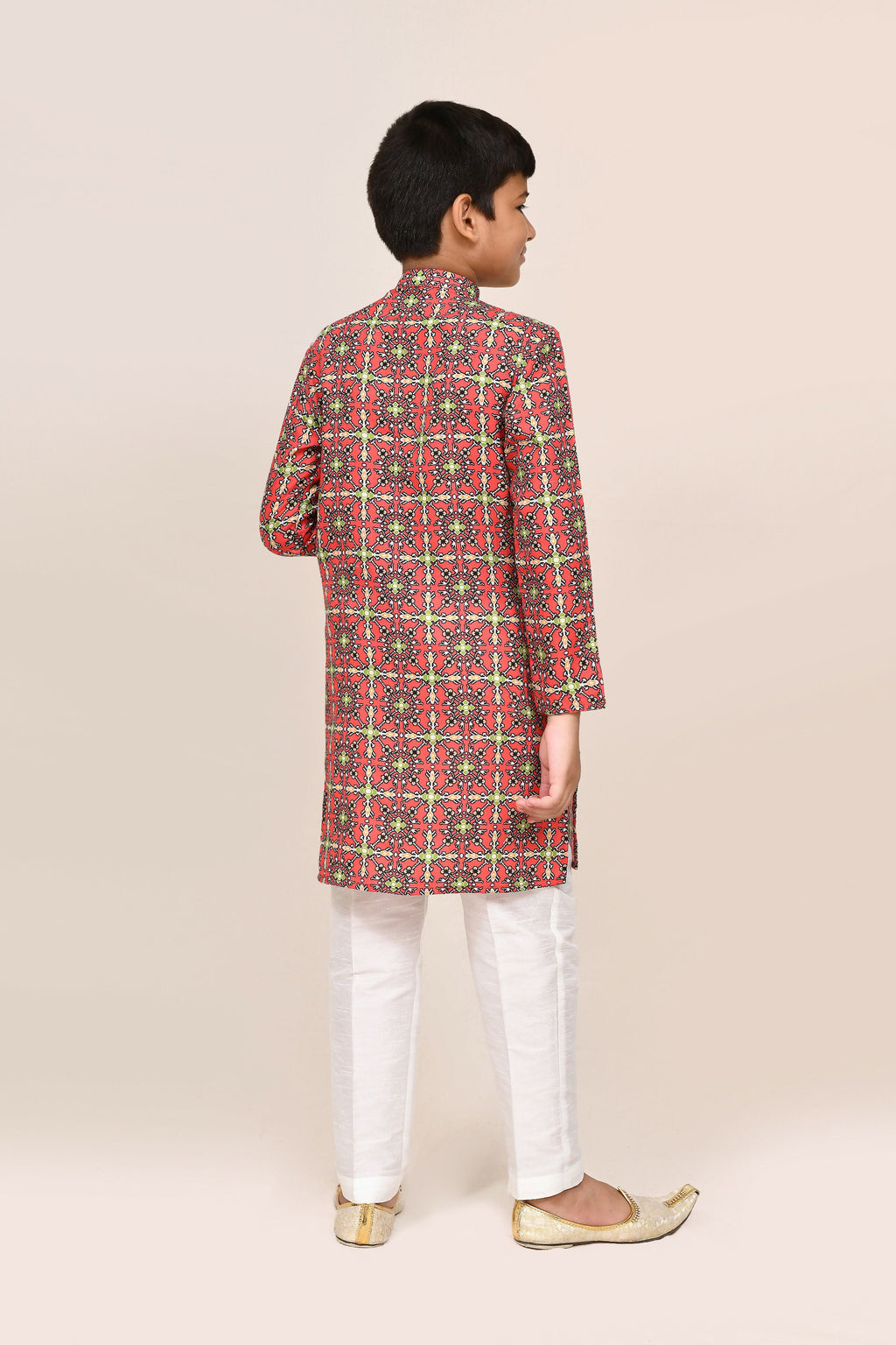 Red Cotton Printed Kurta With White Straight Fit Pant Set