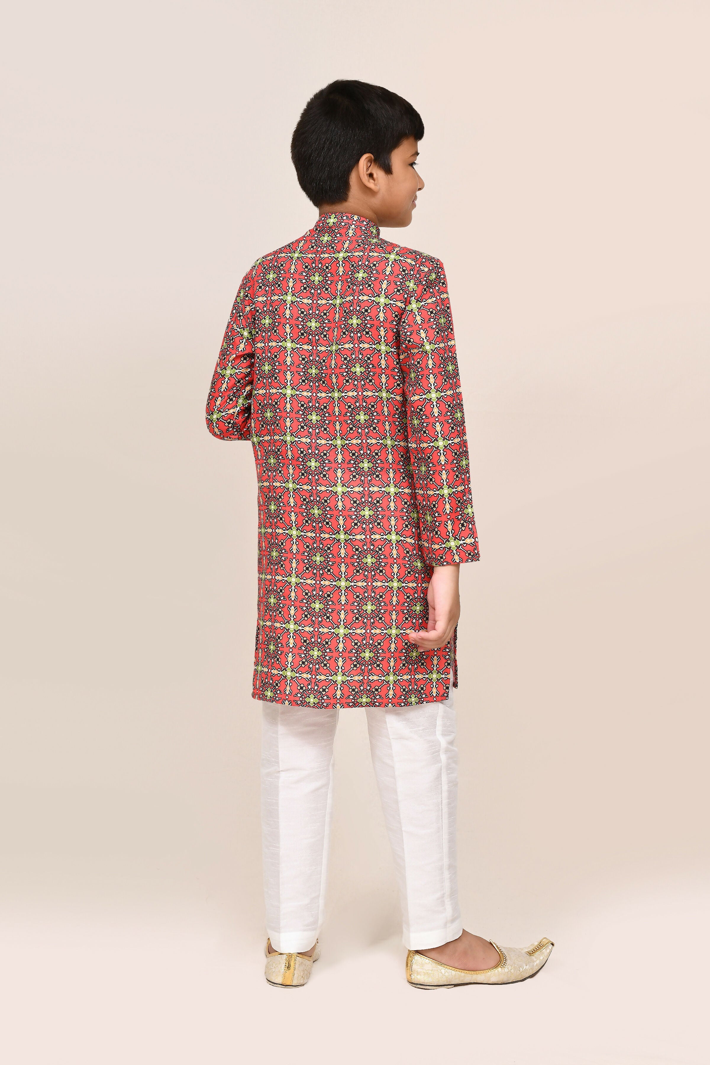 Red Cotton Printed Kurta With White Straight Fit Pant Set