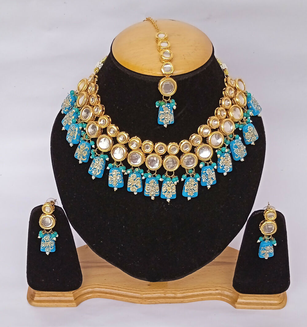 Sky blue Kundan necklace set with traditional gold-plated detailing