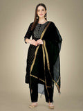 Woman wearing a black Cotton Magic Slub straight kurta with embroidery and sequence work, paired with trousers and dupatta.