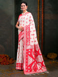 Red and white linen cotton saree with classic aesthetic