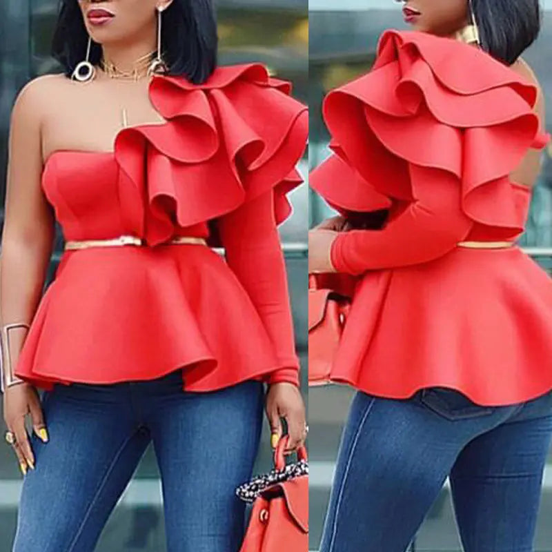 Women's Ruffled Long-Sleeve Blouse with Open Back