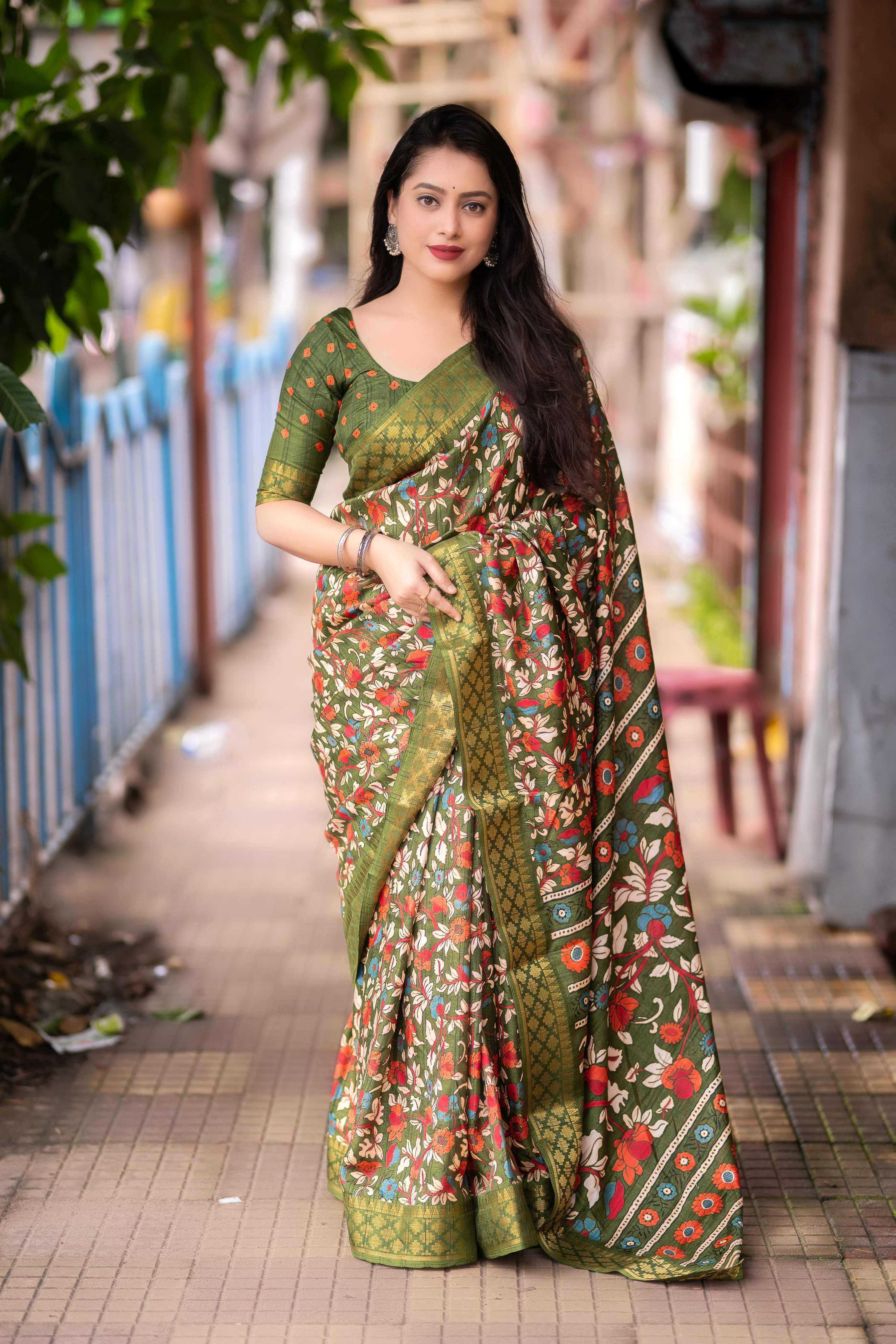 Mehndi green slub silk saree with multi-color floral kalamkari print and zari border