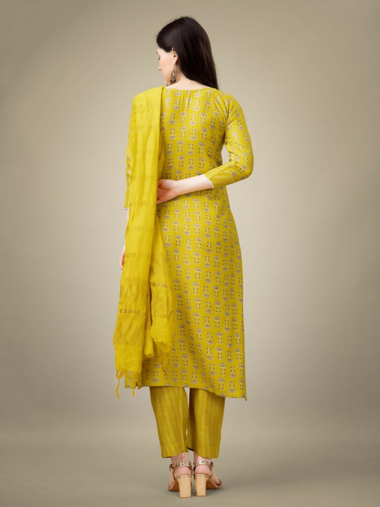 Yellow Rayon Straight Kurta Set with Embroidery and Sequence Work