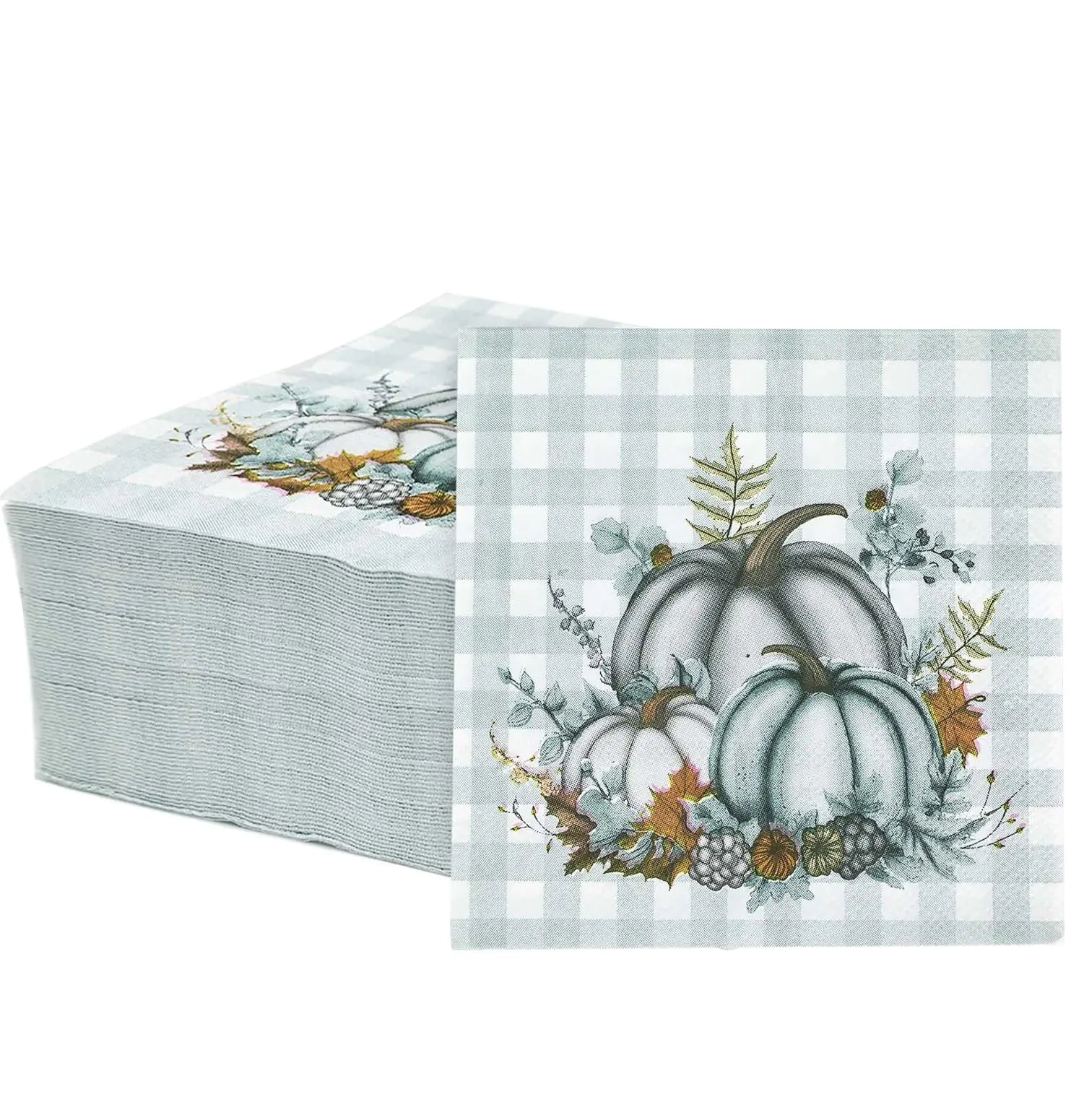 SietDESEO 50 Pieces 3-ply Fall Pumpkin Napkins Blue White Thanksgiving Napkins Cocktail Napkins for Dinner Kitchen Bathroom Thanksgiving Party Napkins Disposable