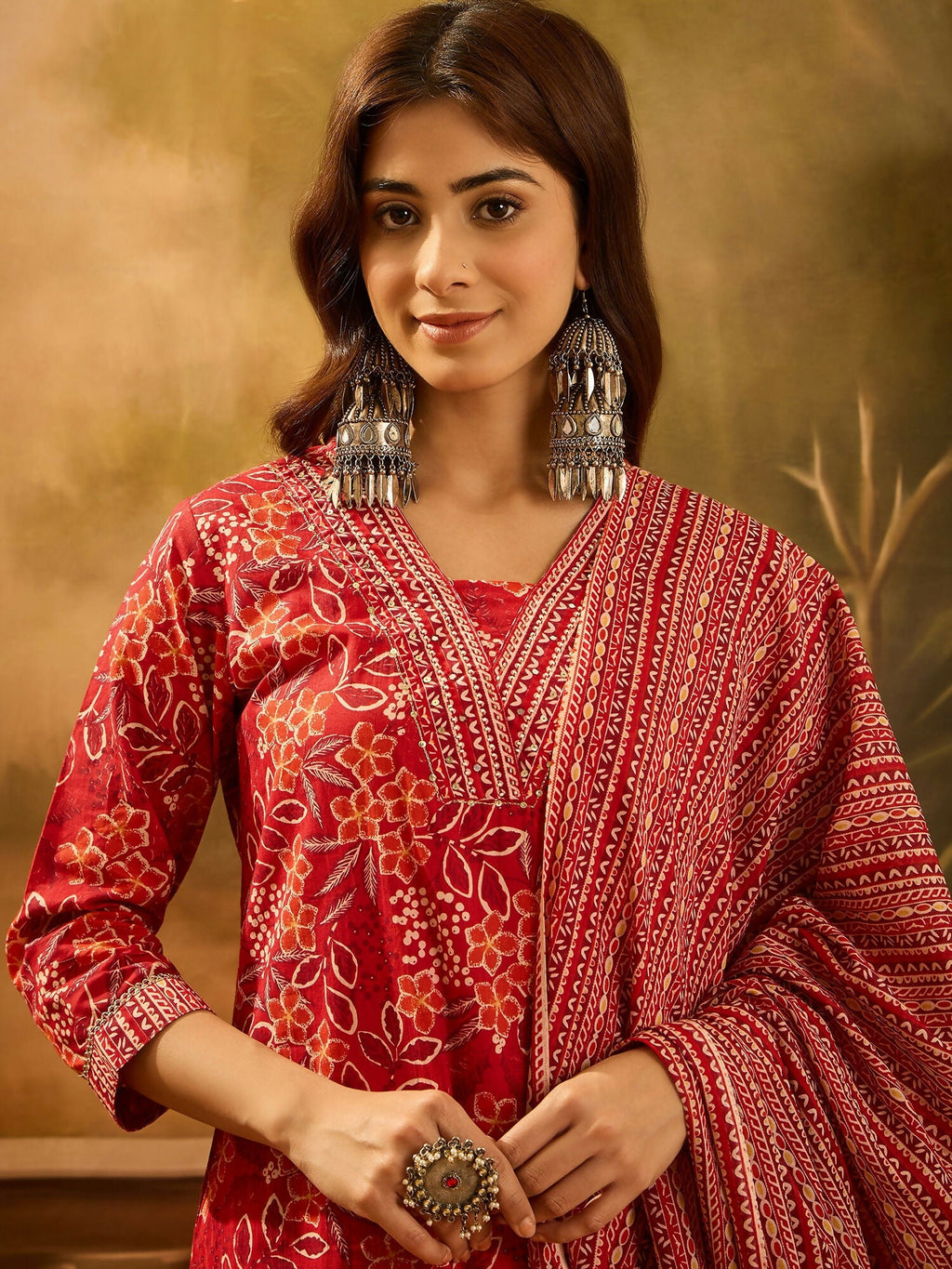 Printed Red Pure Cotton Kurta Set for Women