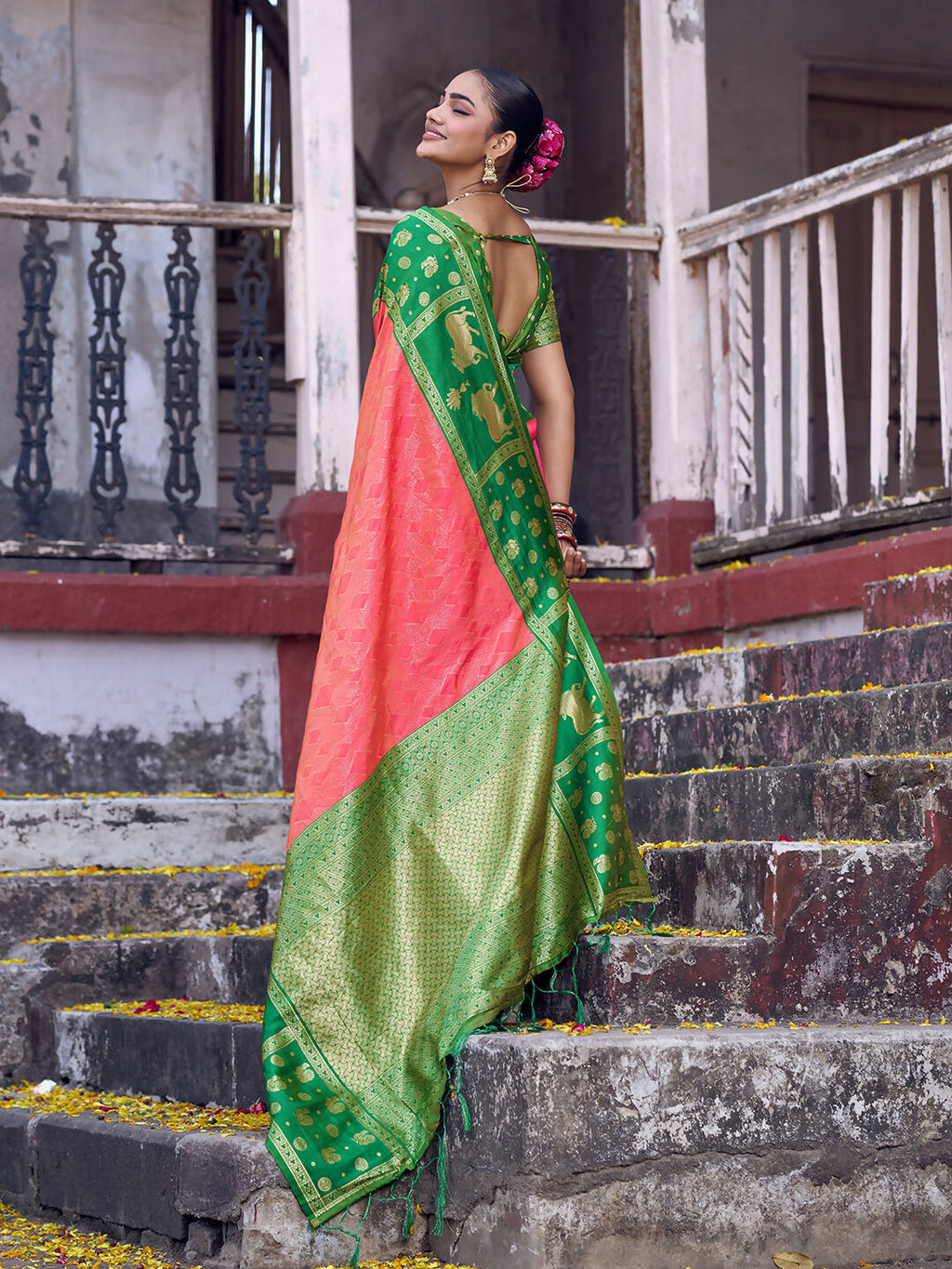 Peach Soft Silk Saree with Contrasting Green Blouse Piece