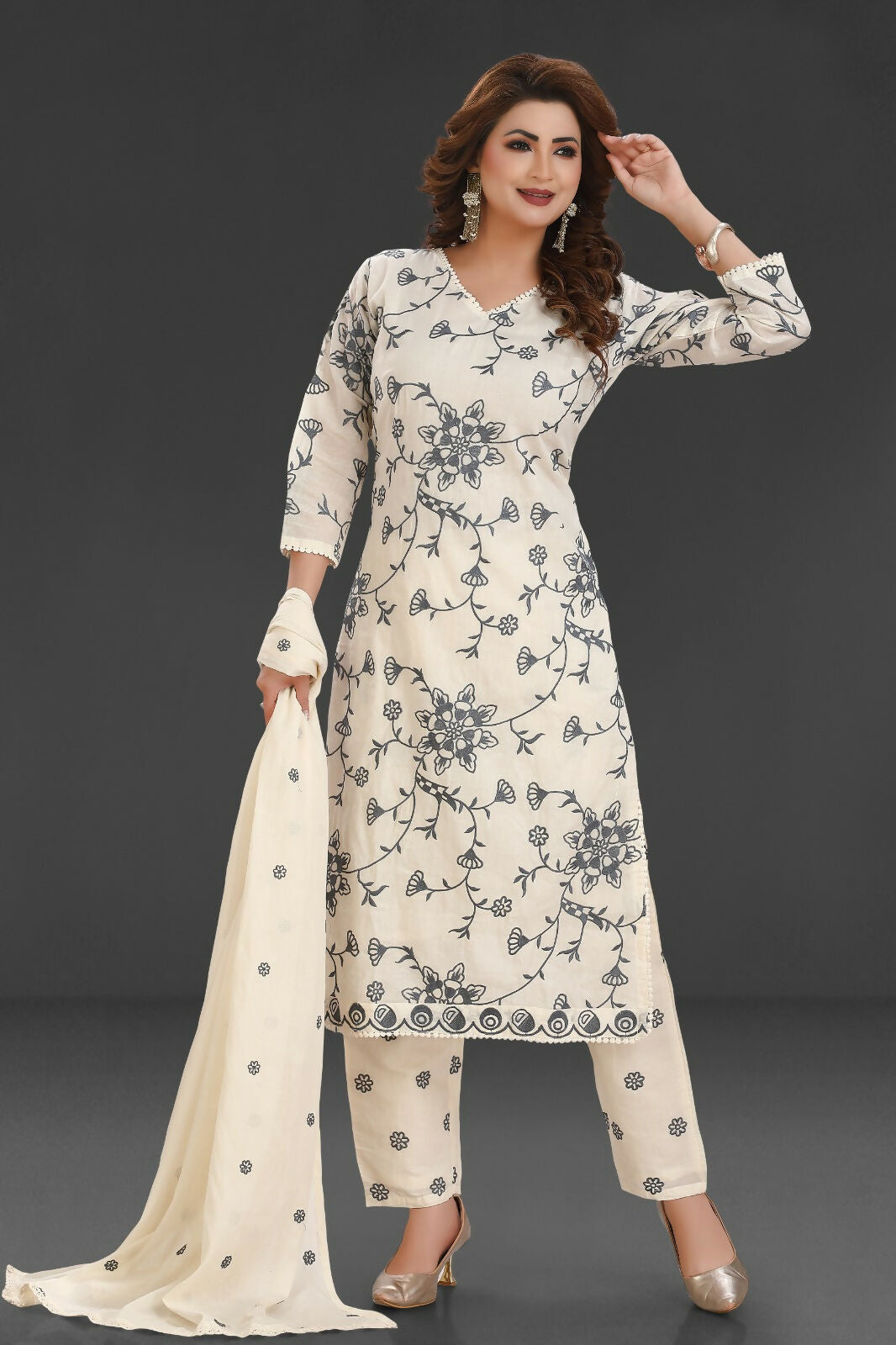 Beige Cotton 3-Piece Kurta Set with Matching Dupatta