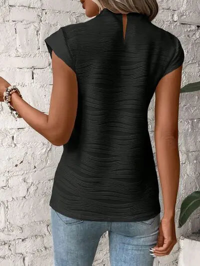 White Textured Wave Pattern Cap Sleeve Top - Image 17