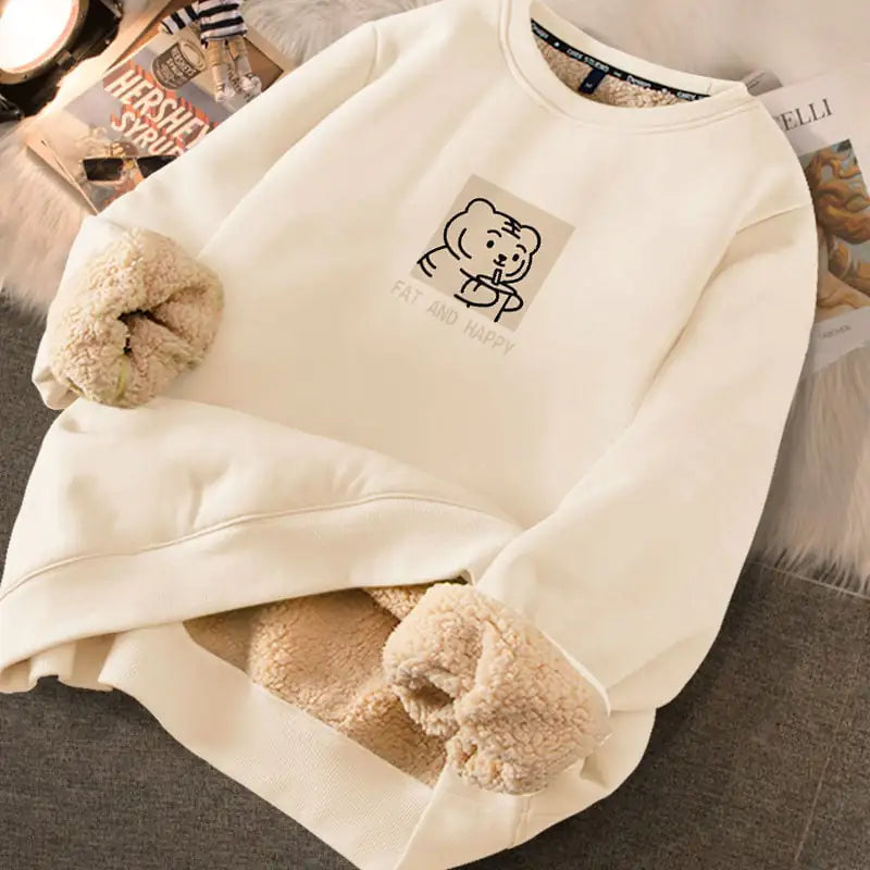 Women's Cream Fleece Lined Graphic Sweater with Cute Bear Print