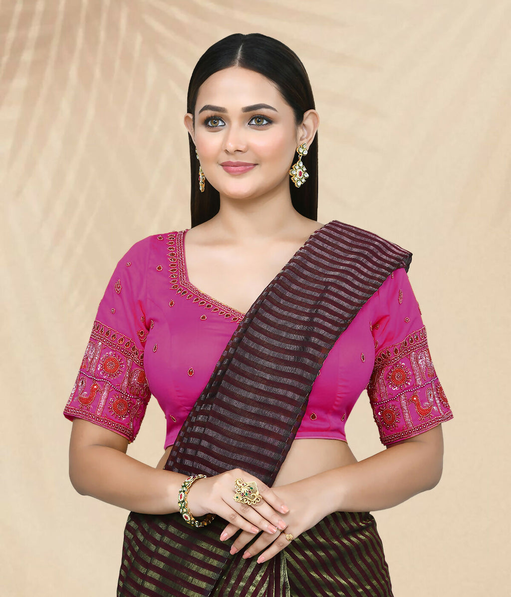 Women's Pink Art Silk Embroidered Stitched Blouse