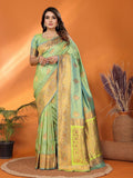 Light green Banarasi woven soft silk saree featuring elegant, delicate woven details.