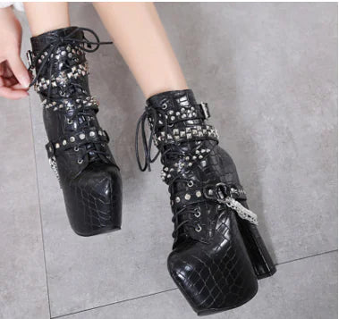 Women's Black Studded Platform Chunky Heel Ankle Boots - Image 10