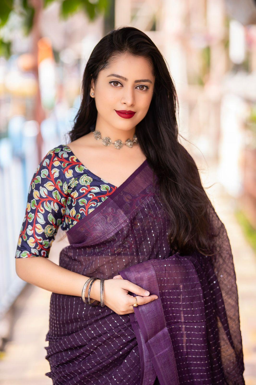 Purple Linen Sequence Saree with Unstitched Blouse - Hiral Fashion