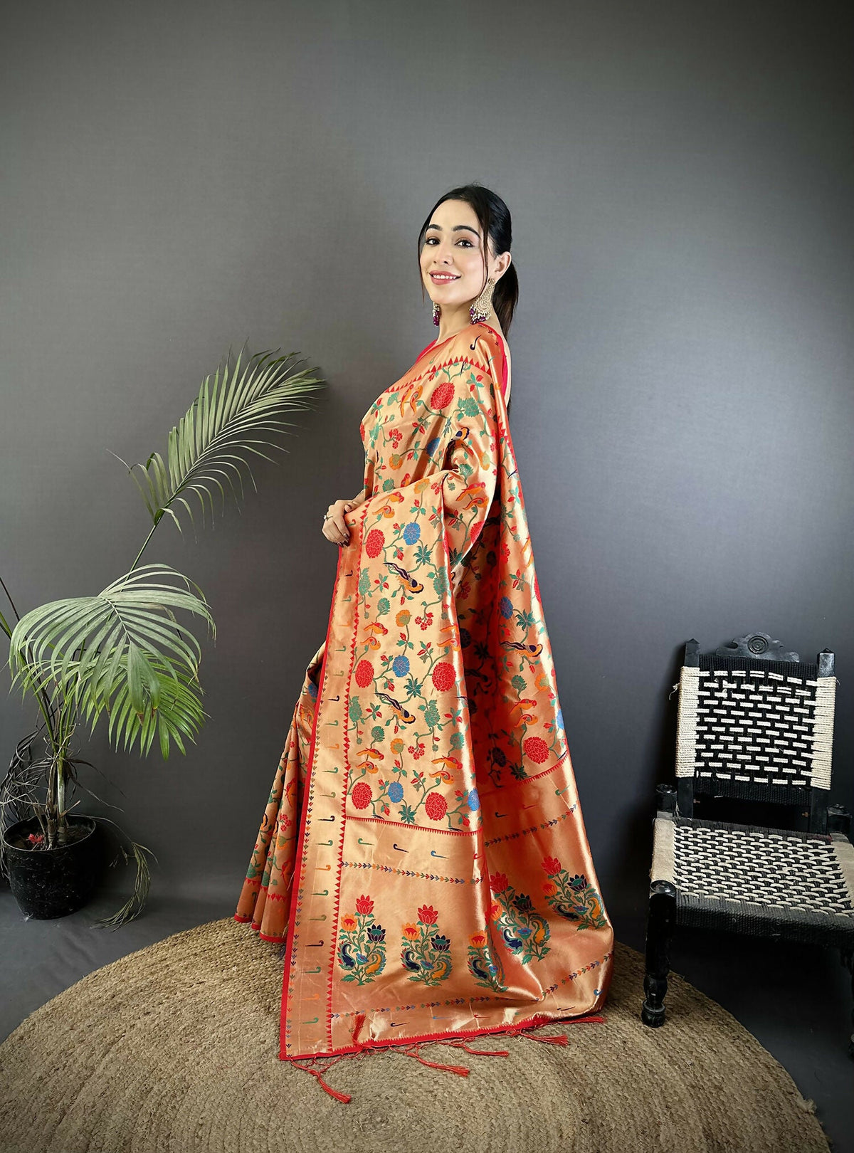Reddish Pink Soft Silk Paithani Saree with Mughal-Inspired Motifs