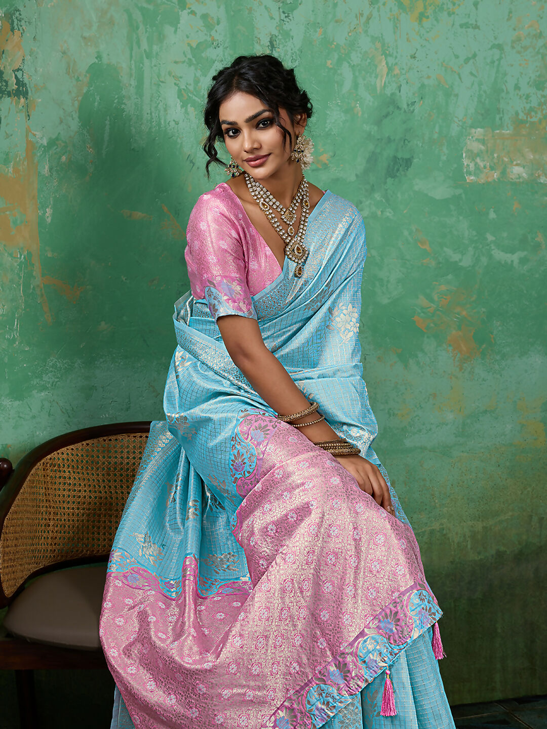 Sky Blue Linen Cotton Saree with Matching Blouse