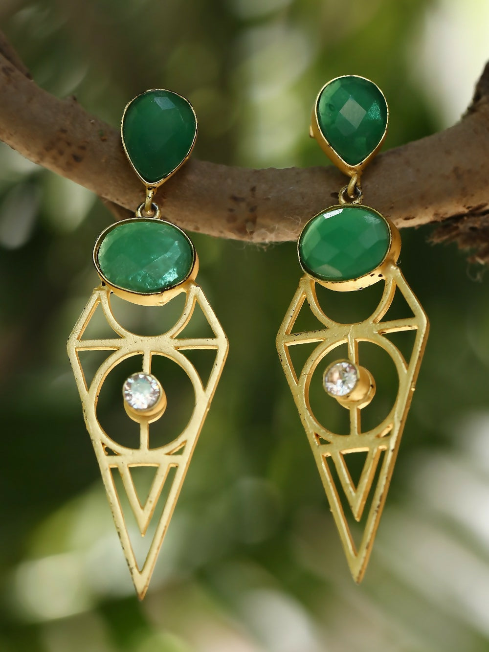 Green Stone Matte Gold Drop Earrings for Traditional Wear