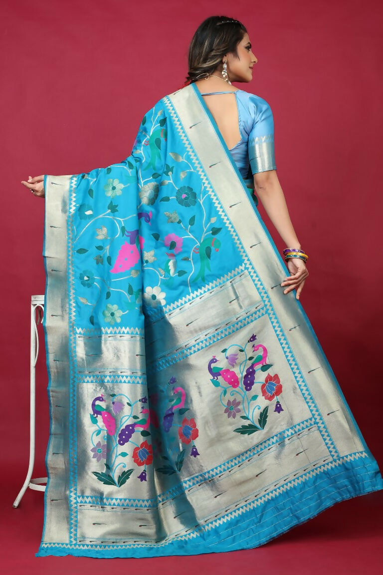 Sky Blue Paithani Silk Saree with Zari Woven Border and Blouse