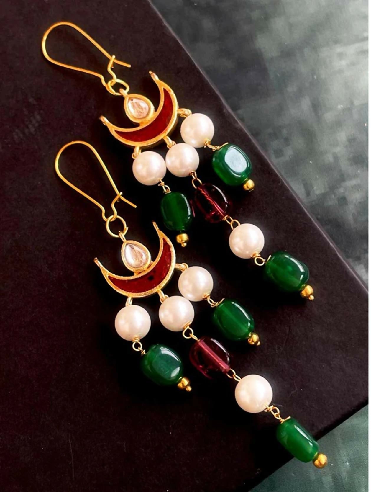 Multicolor natural stone and Kundan drop earrings featuring intricate brass craftsmanship