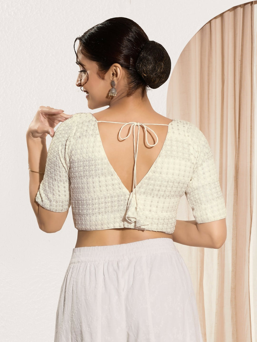 Off White Crochet Padded Blouse with V Neck