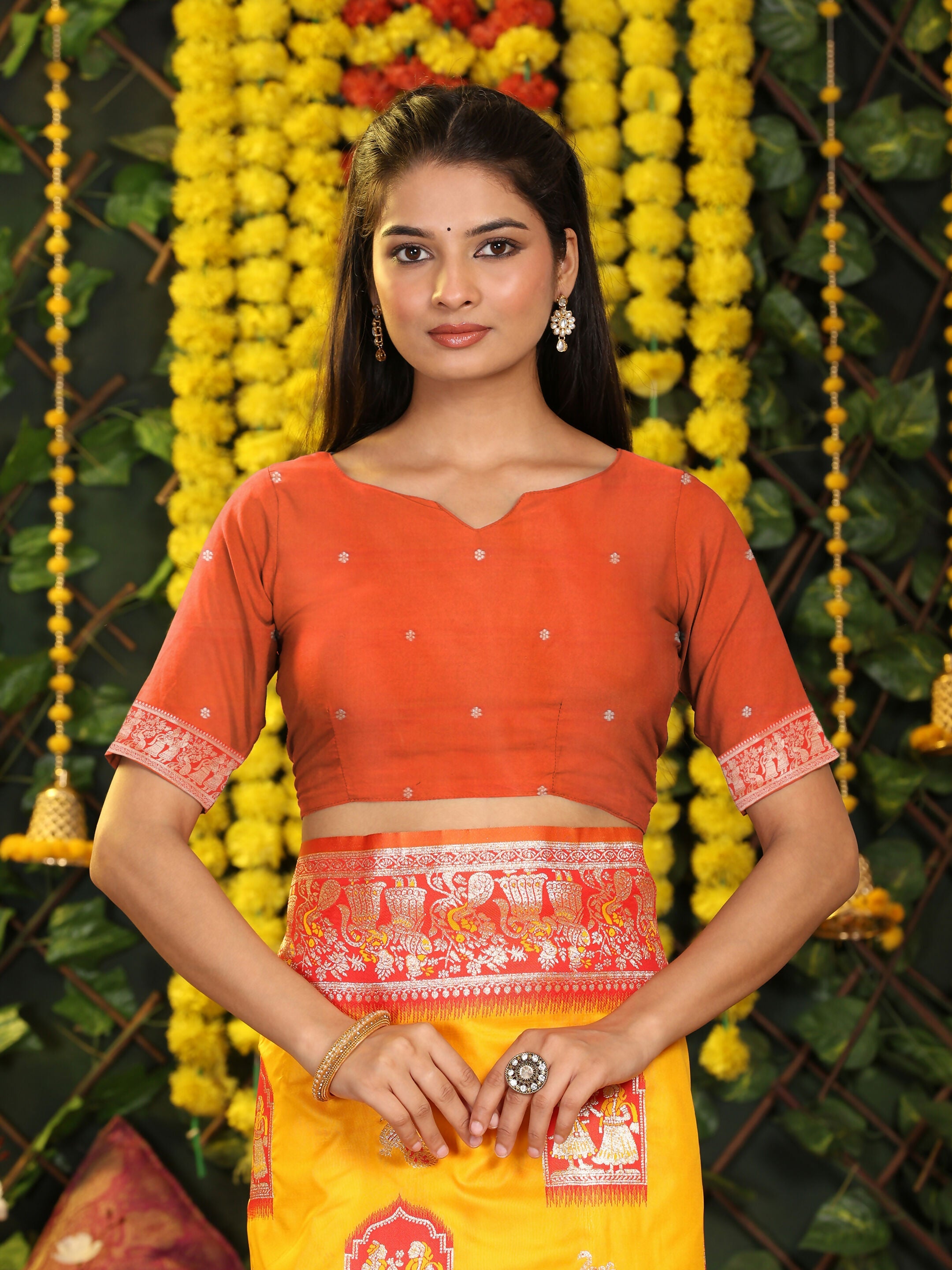 Vibrant Yellow Silk Saree with Contrast Orange Blouse Piece
