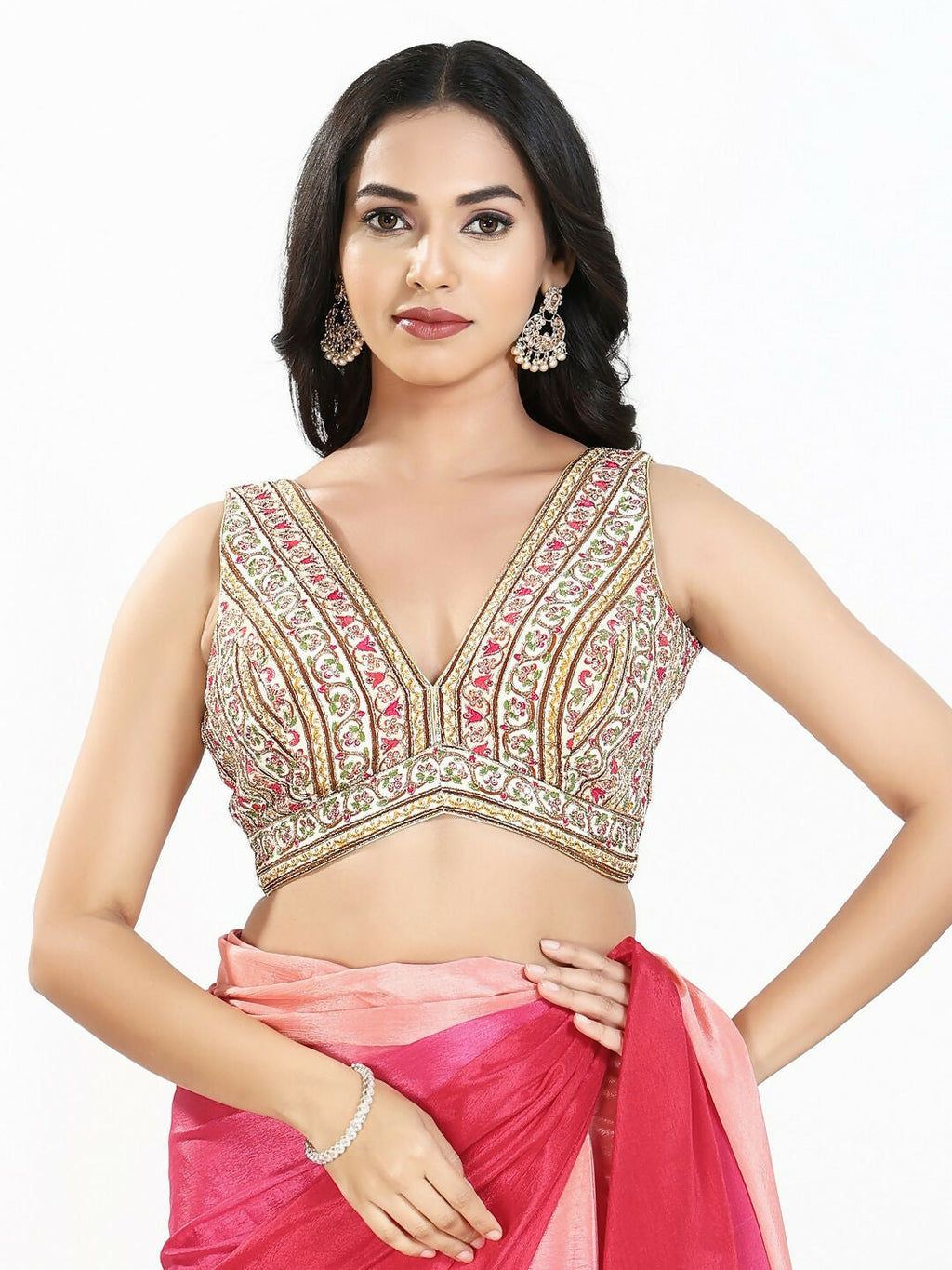 Cream Multi Georgette V-neck sleeveless blouse with built-in padding